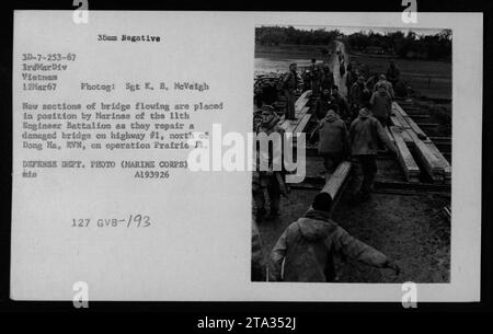 Marines des 11. Ingenieurbataillons reparieren während der Operation Prairie II eine beschädigte Brücke auf dem Highway 1 nördlich von Dong Ha Auf dem Foto werden neue Abschnitte der Brücke von den Ingenieuren platziert. Dieses Bild wurde am 12. März 1967 von Sgt K. B. McVeigh aufgenommen. Stockfoto