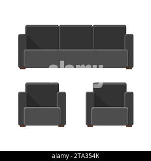 Stilvolles, komfortables, modernes Sofa und Sessel in flachem Stil, isoliert auf weißem Hintergrund. Teil des Innenraums eines Wohnzimmers oder Büros. Stock Vektor