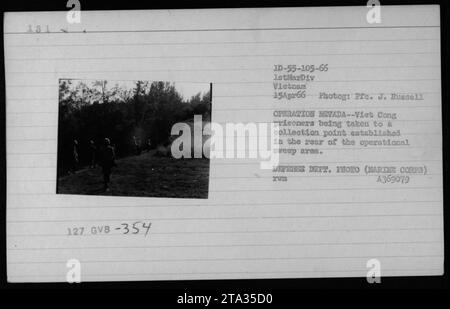 Verdächtige und Gefangene aus Vietnam werden während der Operation Nevada am 15. April 1966 zu einer Sammelstelle begleitet. Dieses Foto wurde von PFC J. Russell in Vietnam als Teil der Aktivitäten des Marine Corps aufgenommen. Stockfoto