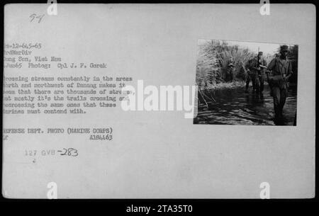 Amerikanische Marines des 3. Bataillons der 12. Marine Division patrouillieren im Juni 1965 durch Dong Son, Vietnam. Das Bild zeigt Marines, die Flüsse kreuzen, während sie die Wanderwege im Norden und Nordwesten von Danang befahren. Die ständige Überquerung von Bächen und Wegen stellte eine Herausforderung für die Soldaten dar. Stockfoto