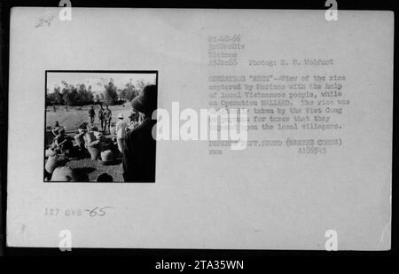 Während der Operation STOCKARD am 15. Januar 1966 nahmen die Marines vietnamesische Ausrüstung ein, darunter Lebensmittel, Flaggen und Vorräte, die von den Dorfbewohnern als Steuern genommen worden waren. Die Sammlung wurde von II. C. Wolford dokumentiert. Stockfoto
