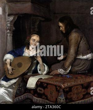 Frau, die Theorbo-Laute und ein Kavalier um 1658 von Gerard Terborch spielt Stockfoto