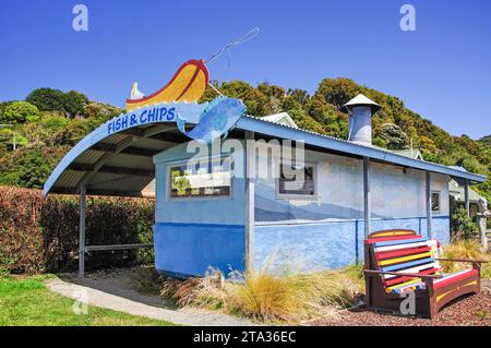 Fish & Chips Cart, Halfmoon Bay, Oban, Stewart Island (Rakiura), Southland Region, Neuseeland Stockfoto