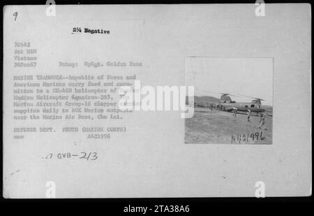 Die Republik Korea und die US-Marines transportierten am 24. Dezember 1967 Nahrung und Munition zu einem CH-46 Hubschrauber der Marine Medium Helicopter Squadron-265, der tägliche Vorräte an die Außenposten der ROK Marine in der Nähe der Chu Lai Marine Air Base in Vietnam lieferte. Stockfoto