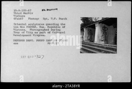 Orientalische Skulpturen, die die Lin Moo PAGODE in Hue, Republik Vietnam, bewachen. Fotografiert am 9. Februar 1967 im Rahmen des Kulturentwicklungsprogramms während des Vietnamkriegs. Zu den Bauwerken gehören sowohl USMC- als auch vietnamesische Gebäude und Bunker. Dieses Foto wurde von Sgt. T.F. Burch aufgenommen und ist Teil der Tour der 3. Marine Division durch die Stadt. Stockfoto