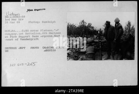 Marines der 3. Marine Division vom 25. März 1969 setzten während des Vietnamkriegs Mörser auf der Feuerstützbasis Argonne nordwestlich von Vandergrift ein. Dieses 35-mm-Negativfoto, aufgenommen von Randolph MOT.RS....81M, fängt den Moment ein. Das Bild ist Teil einer Sammlung offizieller Fotos des US-Verteidigungsministeriums, insbesondere des United States Marine Corps, mit dem Titel BH 4800536 127 GVB-265. Stockfoto