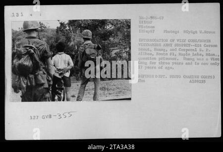 Bildunterschrift: Dieses Foto wurde am 11. September 1967 aufgenommen und zeigt die Vernehmung eines Verdächtigen der vietnamesischen Armee durch Kit Carson Scout Huang und Corporal S.P. Allbes. Huang, der im Alter von 17 Jahren ein ehemaliges vietnamesisches Mitglied war, gehört zum Team, das den Gefangenen befragt. Dieses Bild wurde von MCySgt W. Brown für das Verteidigungsministerium während des Vietnamkriegs aufgenommen. Stockfoto