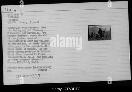 US-Marines aus dem 2. Trupp, 3. Zug, D-Kompanie, 1. Bataillon, 3. Marine-Regiment nehmen am 7. Juli 1966 an der Operation Macon in der Nähe des Dorfes kam Lam Nam in Vietnam Teil. Der private First Class Leonard F. Floyd wird in der Bauchlage gesehen, während Lance Corporal Michael R. Wancea kniet. Sie sind mit US-Waffen bewaffnet." Stockfoto