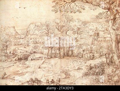 Große Landschaft mit Bäumen und einer Kirche 1554 von Pieter dem Älteren Bruegel Stockfoto