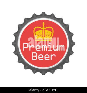 Flasche Bierkappe isoliert auf weißem Hintergrund. Etikett in Form von Aluminiumkappe der Flasche, Symbol für das Oberteil der Bierflasche. Vektorabbildung. Stock Vektor