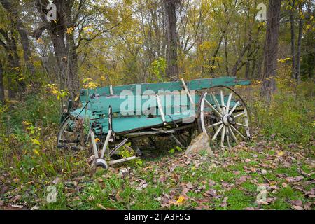 Gebrochene türkisfarbene Holzwagen im Herbstwald im Parke County in Roseville, Indiana Stockfoto