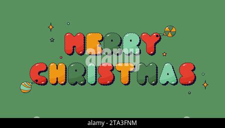 Groovige fröhliche Weihnachtsgeschichte. Grüner Hintergrund mit farbigem noel-Phrase-Aufkleber. Stock Vektor