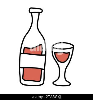 Eine Flasche Wein und ein Glas. Illustration der Vektorkritzelei. Stock Vektor