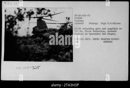 Ein CH-46 Hubschrauber entlädt Ausrüstung und liefert an '3 Co, First Battalion, 7. Marines bei der Operation Rio Blanco in Vietnam, am 22. November 1966. Dieses Foto zeigt einen Moment der Versorgungsoperationen während des Vietnamkriegs. VERTEIDIGUNGSABTEILUNG. FOTO (MARINE CORPS) Sgt. R.E. Wilson. Stockfoto