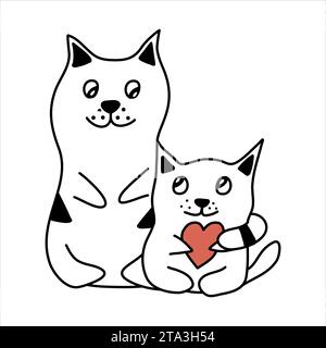 Zwei Katzen, eine Katze, die ein Herz in den Pfoten hält, Kritzelvektor-Illustration. Stock Vektor