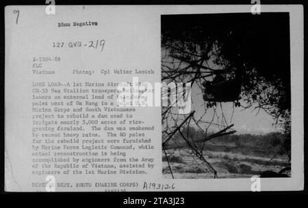 Bildunterschrift: „Ein 1st Marine Aircraft Wing CH-53 Sea Hallion Transporthubschrauber wirft eine Ladung Telefonmasten in der Nähe von da Nang ab, in einer Zusammenarbeit zwischen US-Marines und südvietnamesischen Truppen, um einen beschädigten Damm zu reparieren. Der Damm bewässert über 5.000 Hektar Reisfelder. Foto: CPL Walter Leetch, USMC, Vietnam." Stockfoto