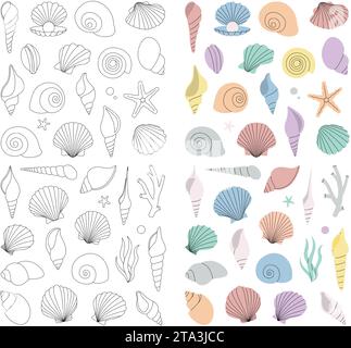 Tropische Unterwasserschalen. Vertikales Banner für Muscheln. Süßwasseralgen, Korallen, Seesterne, Muscheln, Jakobsmuscheln, Perlen. Vektorabbildung. Stock Vektor