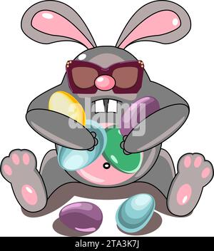 Osterhase in Sonnenbrille mit Ostereiern. Vektorabbildung Stock Vektor