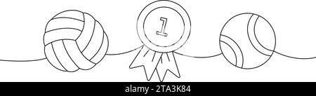 Set mit Haustierzubehör. Hundekugel Spielzeug, Medaille des ersten Platzes, Tennisball, Tierspielzeug durchgehende einzeilige Illustration. Lineare Vektordarstellung. Stock Vektor