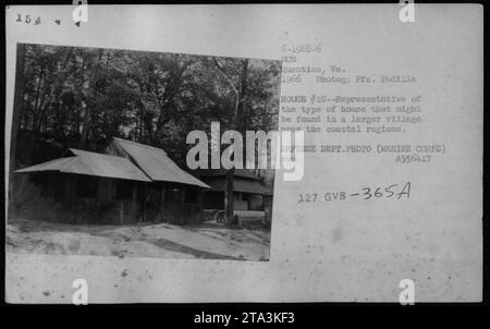 US-Marines aus Quantico, Virginia, patrouillieren 1966 in einem Dorf in Vietnam. Das Bild zeigt ein typisches Haus, das während des Krieges in Küstendörfern gefunden wurde. Es ist Teil einer Sammlung, die die amerikanischen Militäraktivitäten während des Vietnamkriegs zeigt und die Interaktionen der Soldaten mit lokalen Gemeinschaften hervorhebt. Fotograf: Pfc. Padilla. Verteidigungsabteilung Foto, TWB A556417. Stockfoto