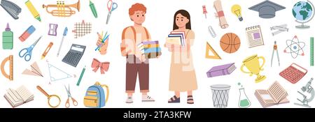 Schulaccessoires. Zurück zur Schule. Trophäe, Diplom, Notebook, Mikroskop, Reagenzglas, Bleistift, Büroklammer, Radiergummi, Schere, Linealskala, Rechner. Stock Vektor