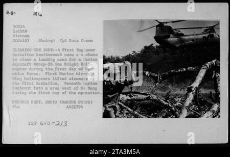 Marine Corps Soldat Clears Zone für einen Marine Aircraft Group-36 Sea Knight Helicopter während der Operation Pacos. Hubschrauber des First Marine Aircraft Wing hoben am 20. Juli 1967 Elemente des First Battalion, Seventh Marines Regiment in ein Gebiet westlich von da Nang in Vietnam. Stockfoto