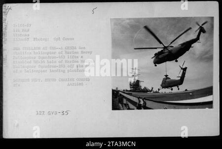 Ein CH-53A Sea Hallion Helikopter der HMH-463 hebt einen behinderten UH-34 Hubschrauber der HMM-263 von einer Hubschrauberlandeplattform ab, während der Flugabfertigung und Truppenabsetzung am 15. Juni 1967 in Vietnam. Foto von CPL Cowen, Verteidigungsministerium. Stockfoto
