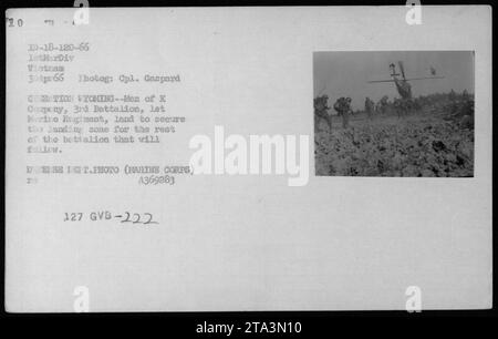 Männer der K Kompanie, 3. Bataillon, 1. Marine-Regiment, sichern die Landezone für den Rest des Bataillons während der Operation Wyoming in Vietnam. Hubschrauber UH-34 sind im Hintergrund zu sehen. Foto von CPL. Gaspard am 30. April 1966. (Marine Corps Foto A369283) Stockfoto