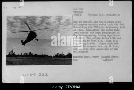 UH-34 Hubschrauber des GVB-222 AST MAN Bataillons in Vietnam am 7. September 1965, die an der Operation PIRANHA teilnahmen. Die Helikopter transportierten zusammen mit bewaffneten Huey-Hubschraubereskorten das 2. Bataillon, 4. RVS-Armeeregiment nach IZ Pine, wobei sie eine 8-Meilen-Linie über die Halbinseln beendeten. Der Truppenlift wurde um 8:45 Uhr fertiggestellt, ohne dass die Hubschrauber getroffen wurden. Stockfoto