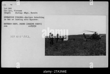 Marines verlassen UH-34 Hubschrauber während der Operation PIRANHA in Chu Lai, Vietnam am 7. September 1965. Dieses Foto, aufgenommen von SSgt. Savatt, zeigt die Soldaten, die am Landeplatz der Sparrow landen. Es ist ein Foto des Verteidigungsministeriums (Marine Corps) mit der Referenznummer A185252. Stockfoto