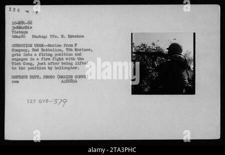 Marine der F Kompanie, 2. Bataillon, 7. Marines verwickelt einen Feuergefecht mit den Viet Cong während der Operation Utah. Das Foto zeigt den Marine in einer Schussposition, nachdem er von einem Hubschrauber angehoben wurde. Das Bild zeigt eine Reihe von US-Waffen, die während des Vietnamkriegs verwendet wurden, darunter verschiedene Schusswaffen. Stockfoto