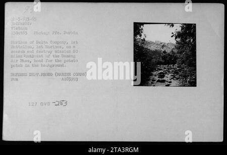 Am 15. Oktober 1965 führten Marines der Delta Company, 1. Bataillon, 3. Marines eine Such- und Zerstörungsmission 20 Meilen südwestlich der Danang Air Base, Vietnam durch. Stockfoto