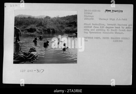 Soldaten des Ersten Bataillons, Seventh Marines, die während der Operation Mamaluke Thrust am 21. Mai 1968 in Vietnam eine Pause von der sengenden Hitze einlegten. Das Foto zeigt die Soldaten, die sich abkühlen, indem sie in einem kleinen Bach schwimmen und ihnen Entspannung und Entspannung von den extremen Wetterbedingungen bieten. Stockfoto