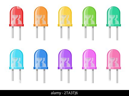 Satz Leuchtdioden, isoliert auf weißem Hintergrund. Bunte Leuchtelemente, Halbleiterbauelement. Elektrische Komponente der LED-Glühlampe Stock Vektor