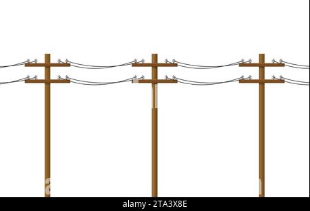 Elektrischer Pol isoliert auf weißem Hintergrund. Holzleitungen, elektrische Kraftübertragung. Stromkonzept für Versorgungsmasten. Hochspannungskabel Stock Vektor