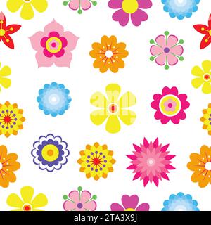 Hintergrund des nahtlosen Musters der Frühlingsblumen. Einfache bunte Blumensymbole in leuchtenden Farben. Kollektion mit dekorativer Blume und Silhouette. Stock Vektor