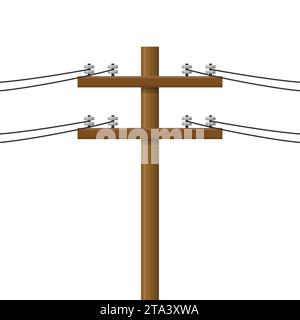 Elektrischer Pol isoliert auf weißem Hintergrund. Holzleitungen, elektrische Kraftübertragung. Stromkonzept für Versorgungsmasten. Hochspannungskabel, Stock Vektor