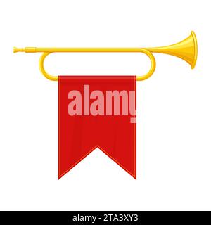 Goldenes Horn Trompete Musikinstrument isoliert auf weißem Hintergrund. Königliche Fanfare mit triumphaler Flagge für Musik. Vektorabbildung. Stock Vektor