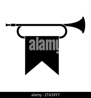 Horn Trompete Symbol Musikinstrument isoliert auf weißem Hintergrund. Königliche Fanfare mit triumphaler Flagge für Musik. Vektorabbildung. Stock Vektor