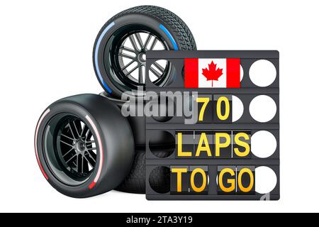 Kanadische Rennen, Boxenbrett mit Flagge Kanadas und Rennräder mit verschiedenen Compound-Reifen. 3D-Rendering isoliert auf weißem Hintergrund Stockfoto