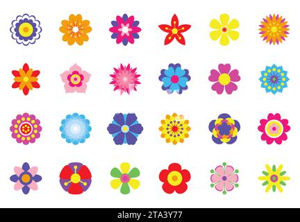 Satz flacher Symbole für Frühlingsblumen isoliert auf weißem Hintergrund. Einfache bunte Blumensymbole in leuchtenden Farben. Kollektion mit dekorativer Blume und Silhouette. Stock Vektor