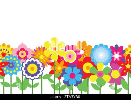 Frühlingsblumen Rand nahtlose Muster Hintergrund. Einfache bunte Blumensymbole in leuchtenden Farben. Kollektion mit dekorativer Blume und Silhouette. Stock Vektor