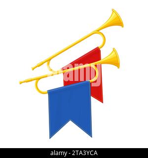 Goldenes Horn Trompeten Musikinstrumente isoliert auf weißem Hintergrund. Königliche Fanfare mit triumphaler Flagge für Musik. Vektorabbildung. Stock Vektor