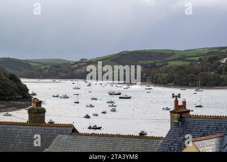 Blick auf die Salcombe Mündung, Snapes Point auf der linken Seite, East Portlemouth auf der rechten Seite und Dächer im Vordergrund, während das Wasser im Winter leer wird. Stockfoto