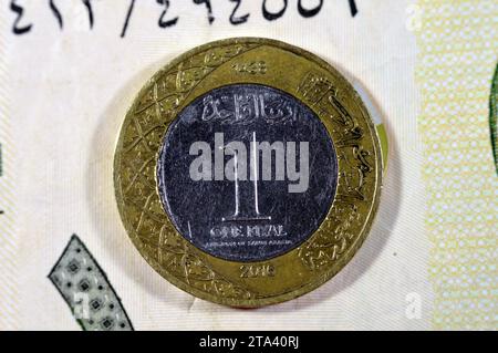 Rückseite einer Saudi-Arabien-Rial-Münze des Jahres 2016 auf 1 Saudi-Rial-Papier-Banknotenhintergrund, ein Metall und eine Banknote Saudi-Rial zusammen, Saudi-Arabien Stockfoto