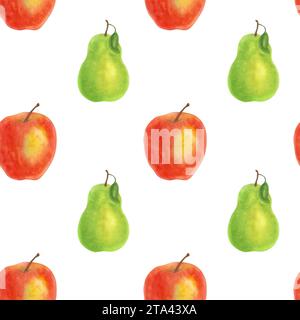 Nahtloses Muster mit roten Äpfeln und grünen Birnen. Ernteelemente für Erntedankfest, Kwanzaa. Herbst Clip Art. Handgezeichnetes Aquarell Stockfoto