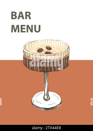 Ein Glas Espresso-Martini mit Kaffeekohl. Handgezeichnete Aquarellillustration isoliert auf weißem Hintergrund. Perfekt für Rezeptlisten mit Alkohol Stockfoto