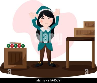 Niedliche weihnachtliche weibliche Elfenfigur auf einer Fabrik Vektor Stock Vektor