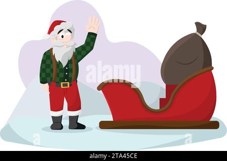 Niedliche weihnachtsmann-Figur neben einem Schlittenvektor Stock Vektor