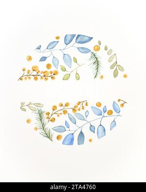 Handgemalter Weihnachtskranz auf weißem Hintergrund mit einem Kopierraum für den Text. Aquarellfarben, Illustration, florale Elemente Stockfoto